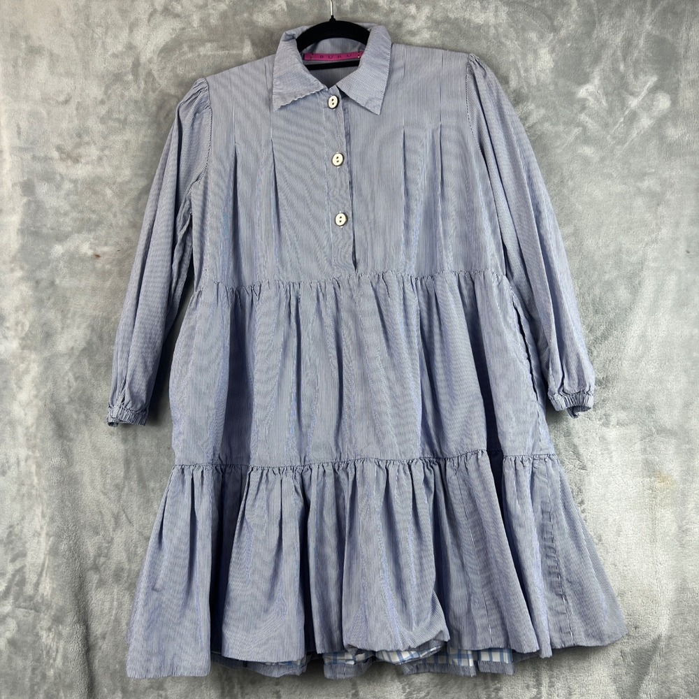 BURU Dress  Blue White Pinstripe Tiered Mini Long Sleeve Collared Button Front - Picture 6 of 11